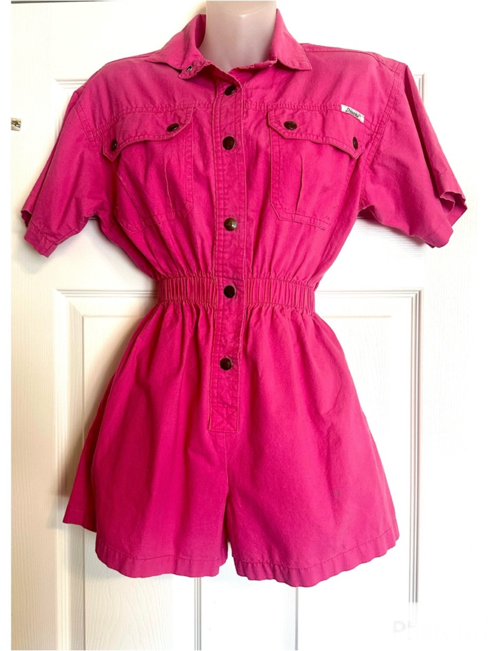 Vintage 80s Hot Pink Short-Sleeve Romper with Elastic Waist and Snap Closure